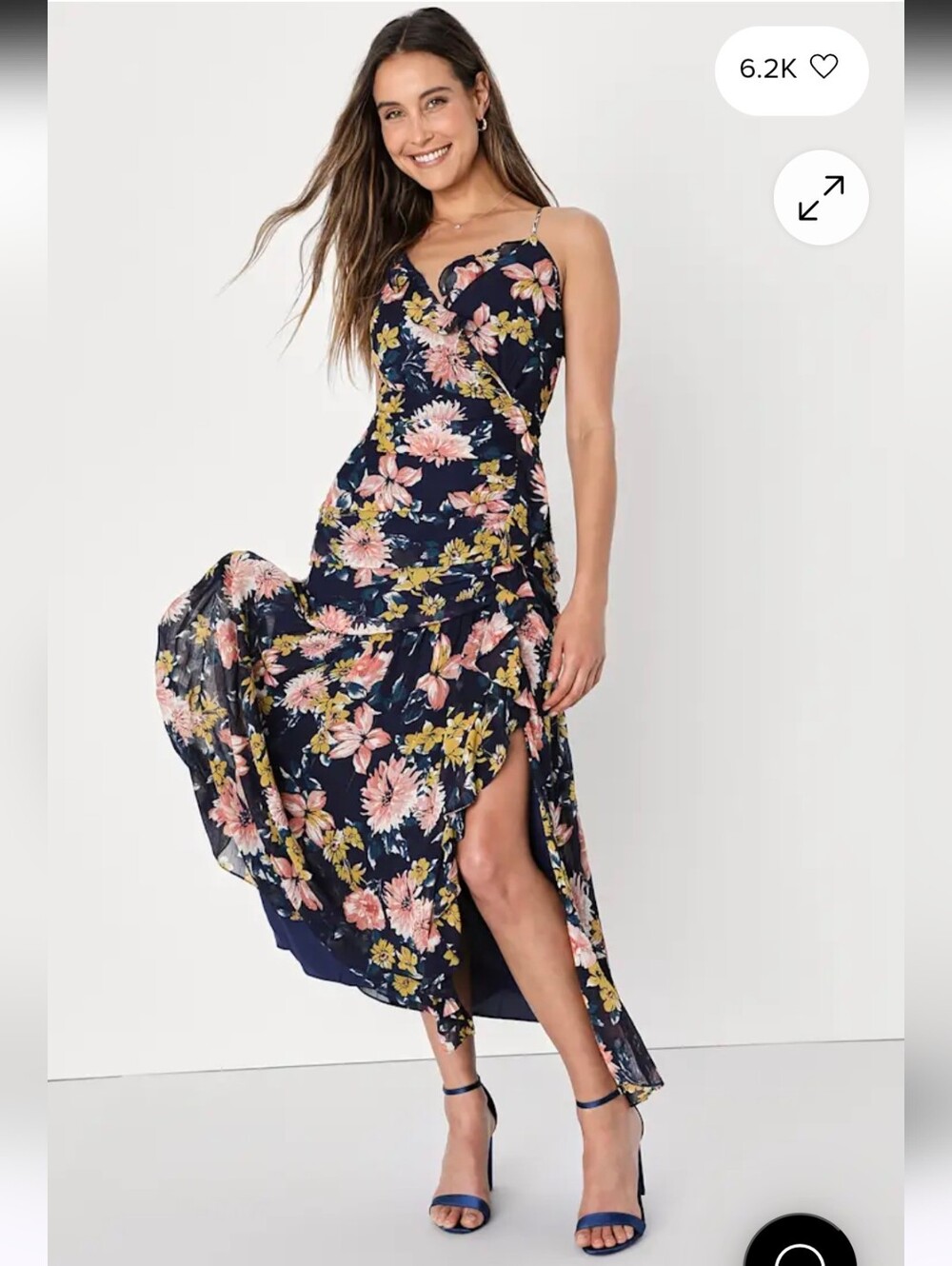 Lulu’s Stunning Soiree Navy Blue Floral Print Ruched Midi Dress Sz S